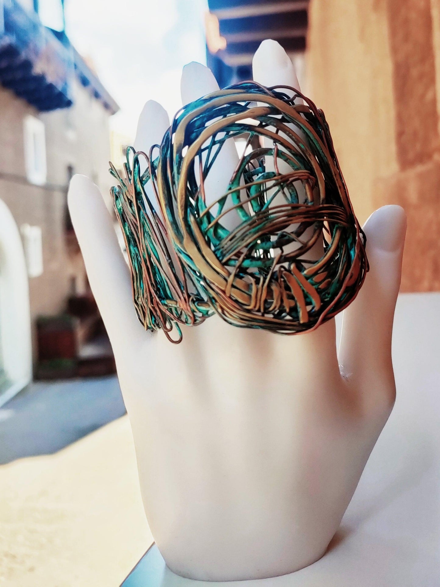Unique bracelet with green patina