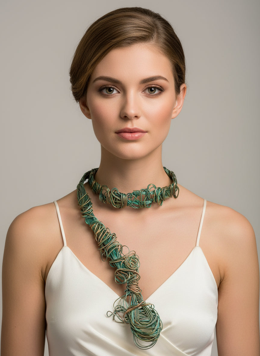 Detalle del collar Redes en cobre y bronce con tonos verdosos.