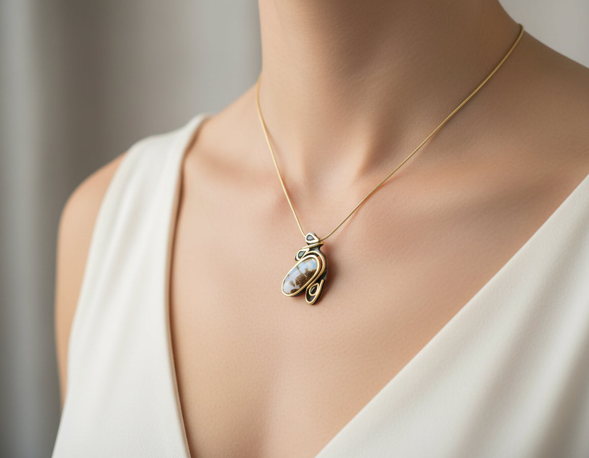 Colgante con ópalo Boulder y 3 zafiros naturales, joyería de autor y joyas artesanales diseñadas por Amparo Valencia