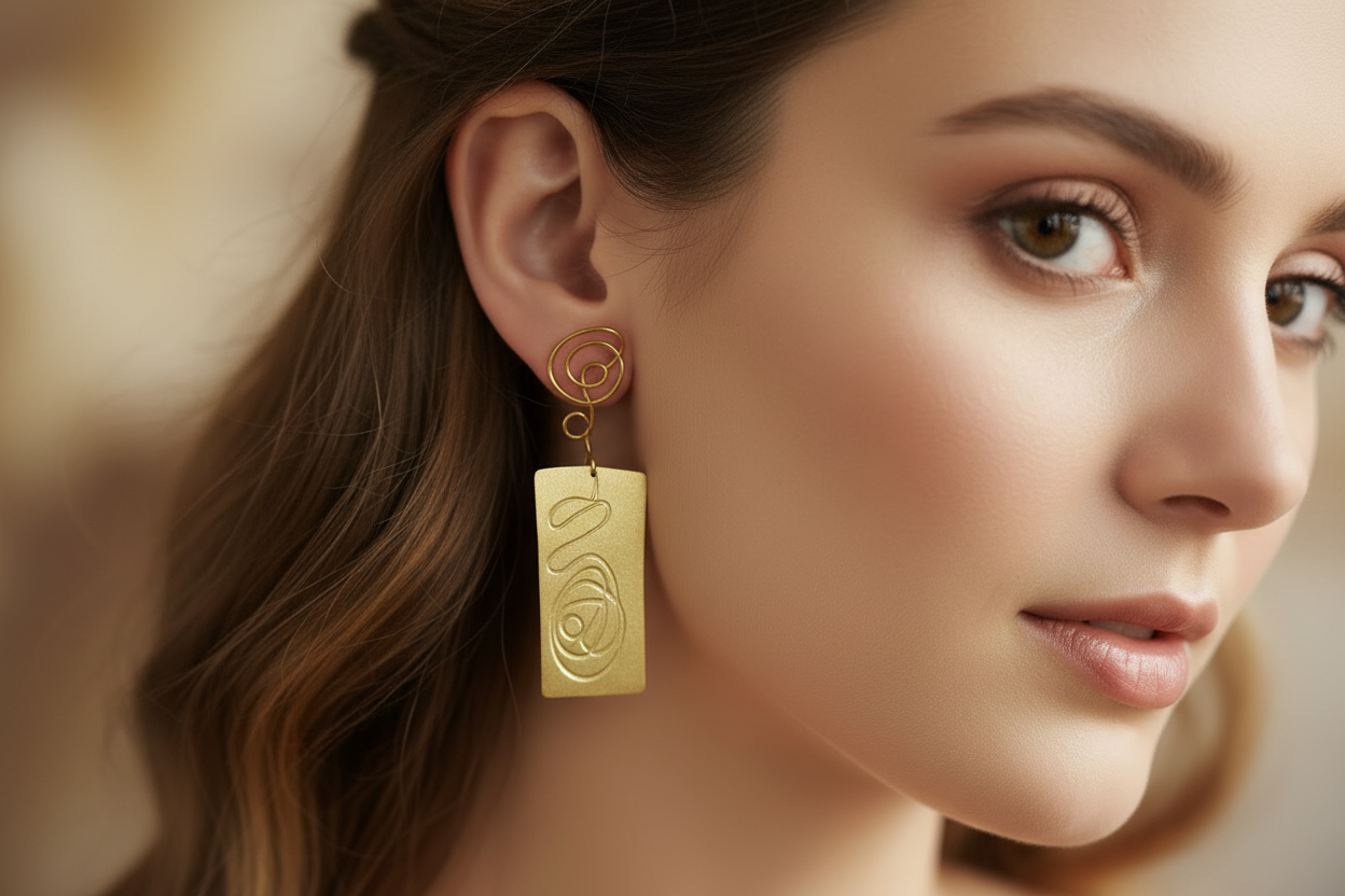 Pendientes grandes chapado en oro con grabado original. Trazos