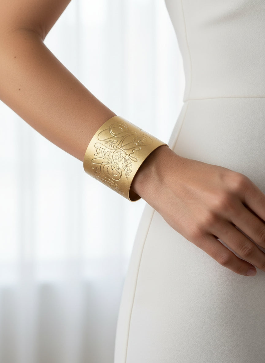 Brazalete grande chapado en oro con grabado original. Trazos