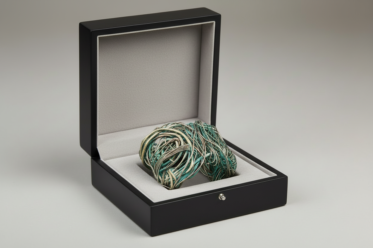 Brazalete trenzado de cobre y bronce en un estuche