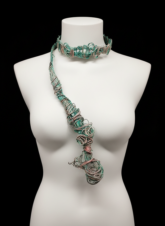 Primer plano del collar Redes en cobre y bronce con tonos verdosos.