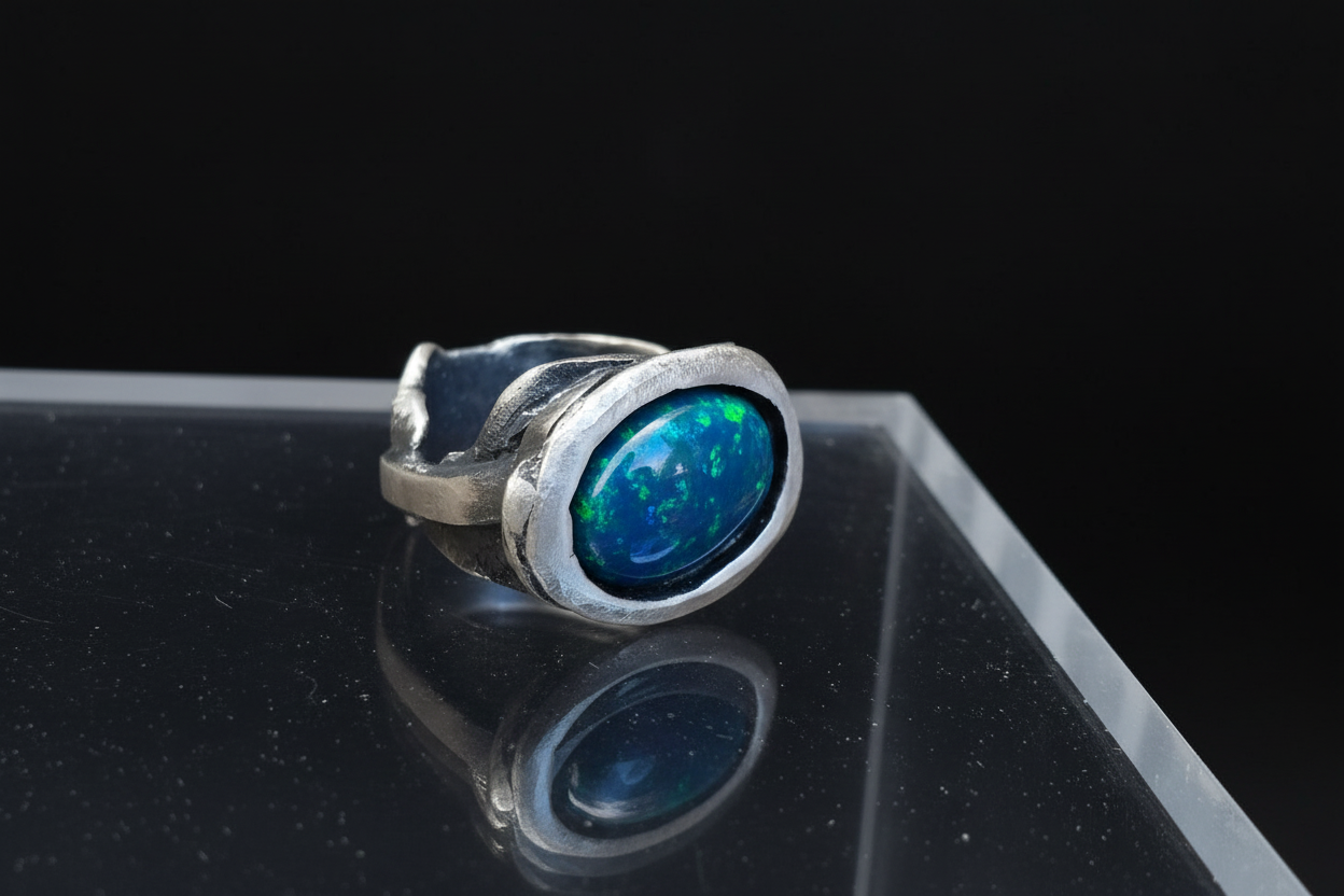 Anillo artesanal de plata con ópalo natural azul‑verde ovalado, expuesto sobre soporte acrílico transparente con fondo negro.