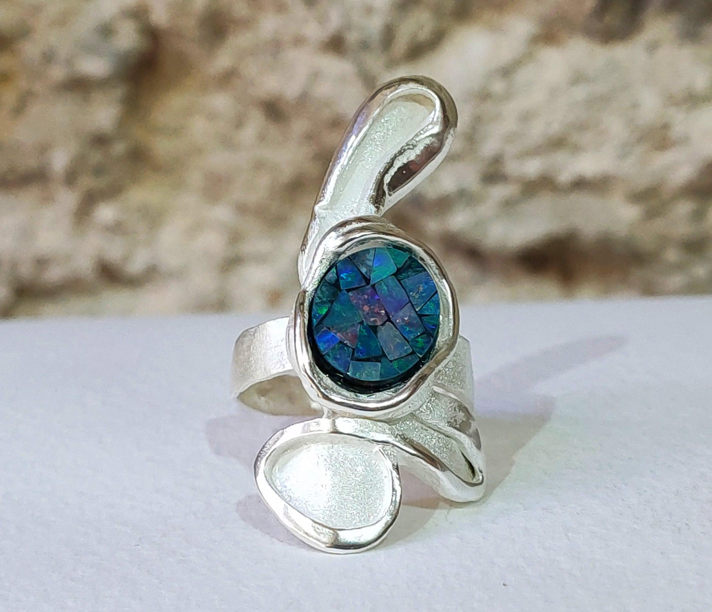 Silver ring with mosaic opal