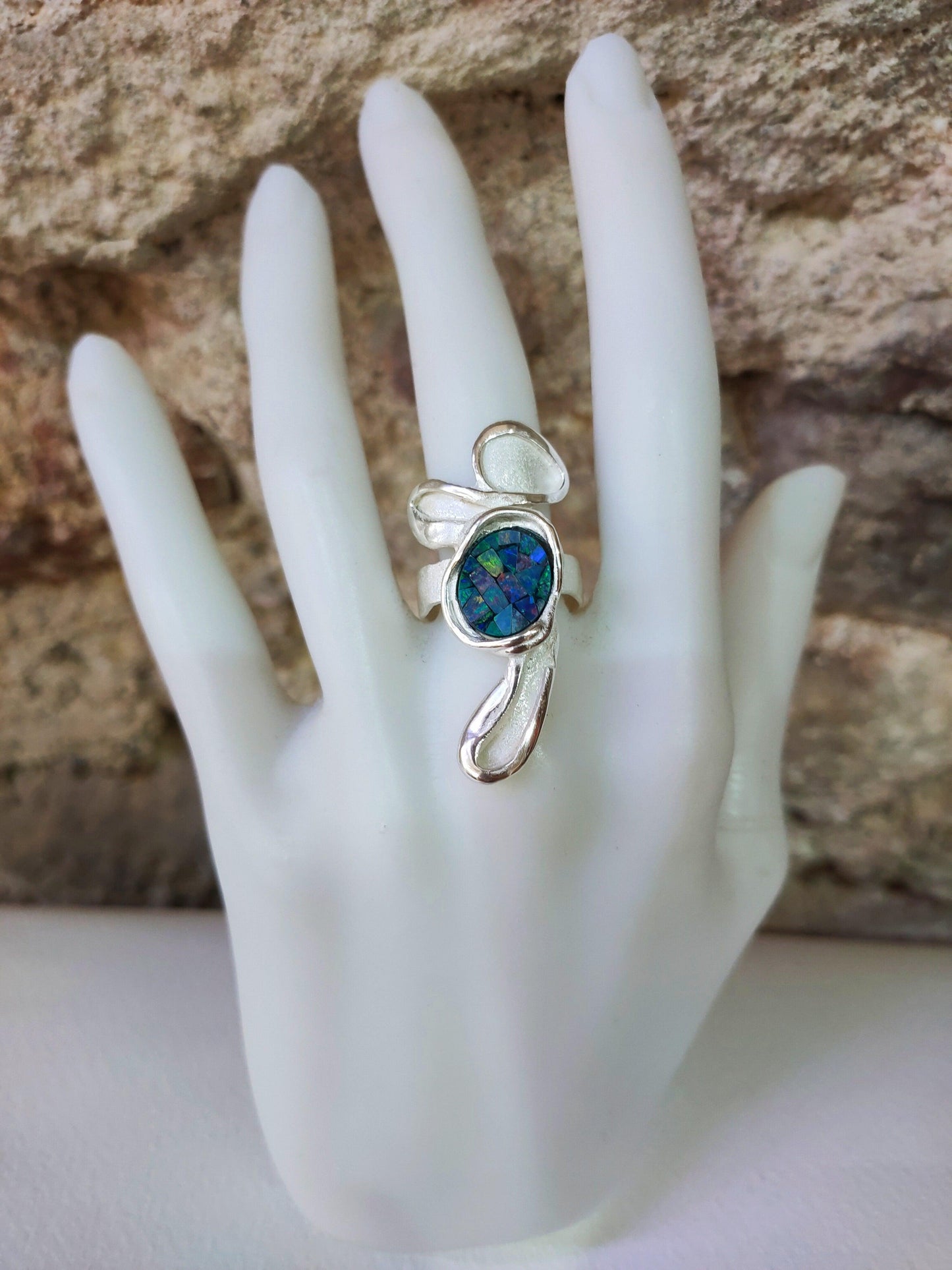 Silver ring with mosaic opal