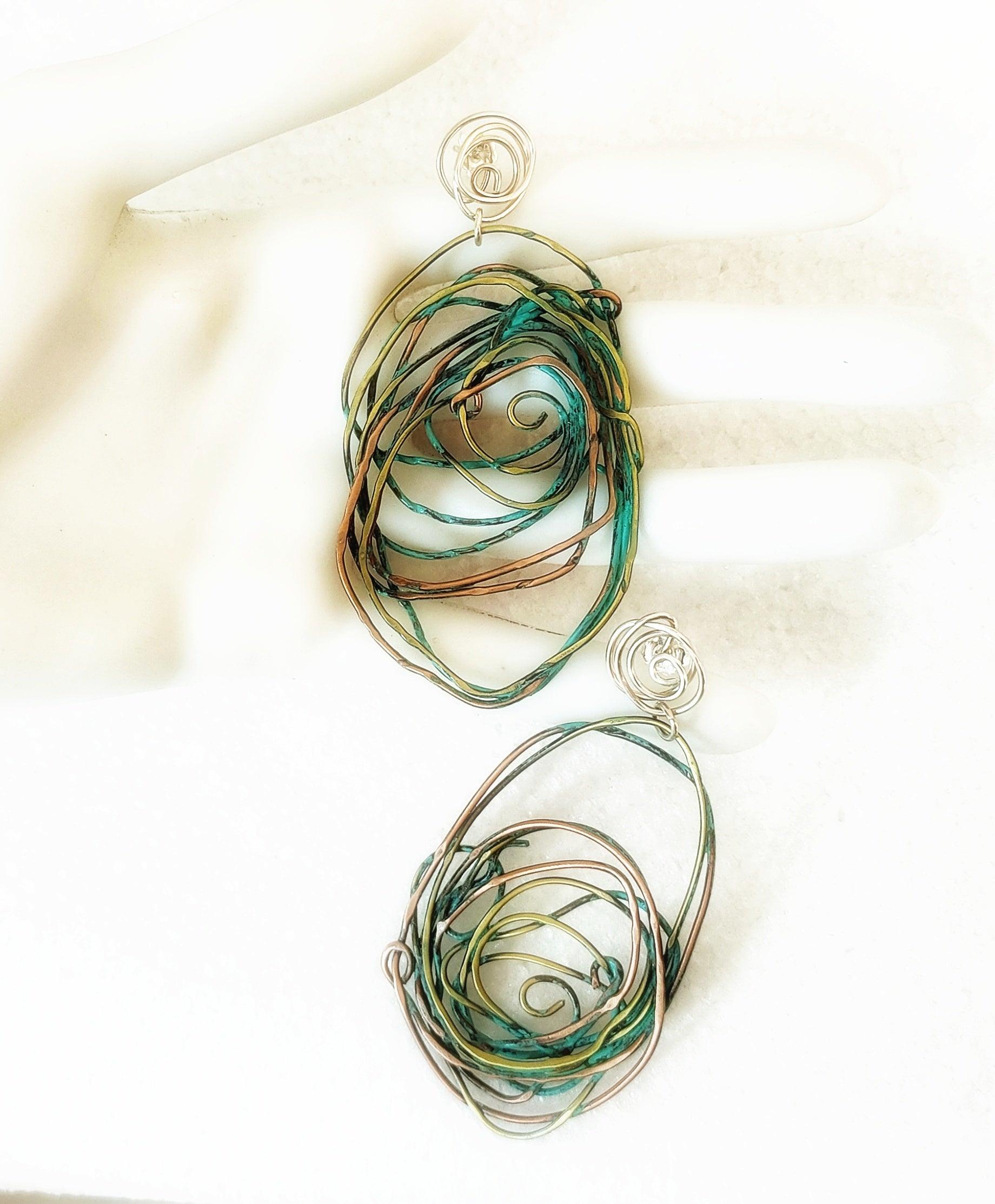 Pendientes de bronce, cobre y plata con patina verde - Amparo Valencia Joyas